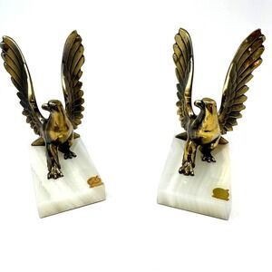 Vintage Brass Eagle Bookends Onyx Marble Base Pair
